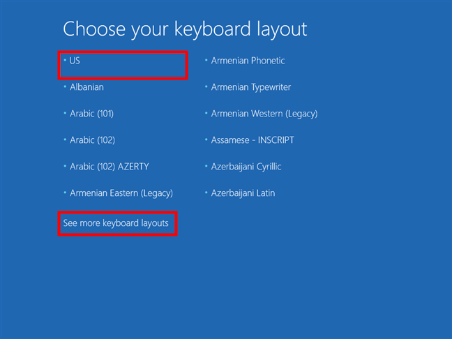 Choose the keyboard layout used by the Windows 10 recovery drive