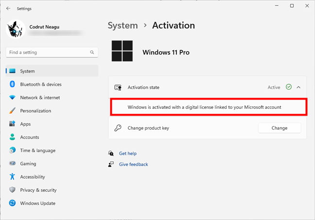 Windows is activated with a digital license linked to your Microsoft account