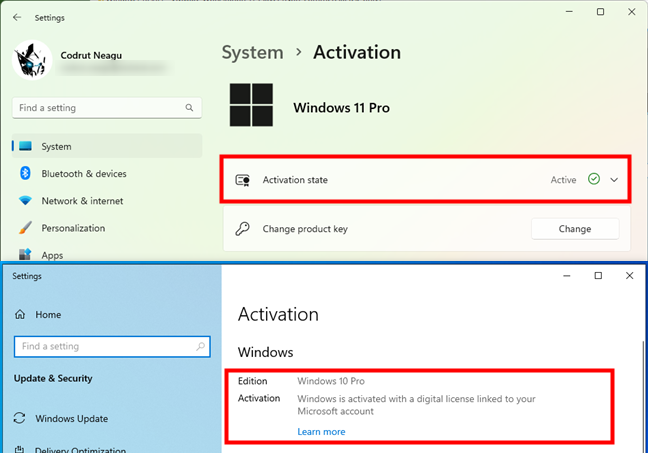 Activation state of Windows 11 and Windows 10