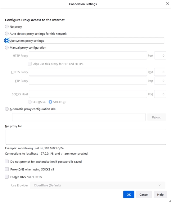 Firefox's default is to Use system proxy settings
