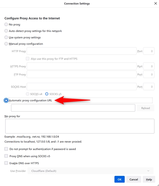 Select Automatic proxy configuration URL to set up a Firefox proxy