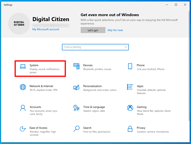 Open System in Windows 10's Settings