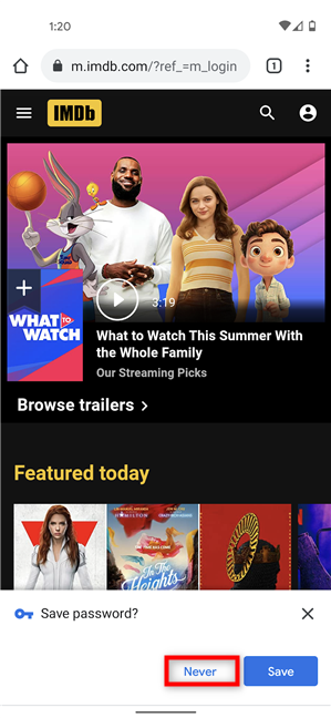 Tap Never to prevent Chrome from asking to save password for a site