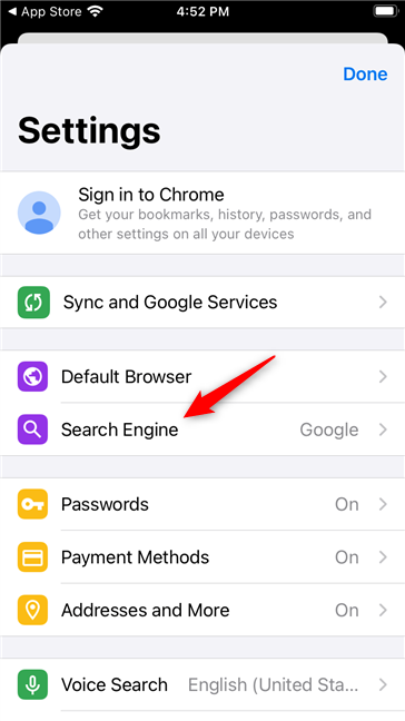 Access search engine settings in Google Chrome for iOS