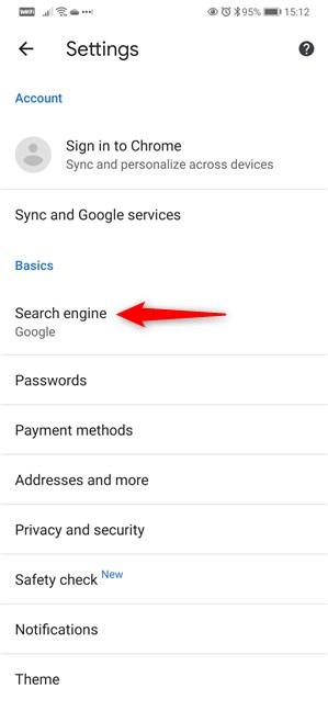 Access search engine settings in Google Chrome for Android