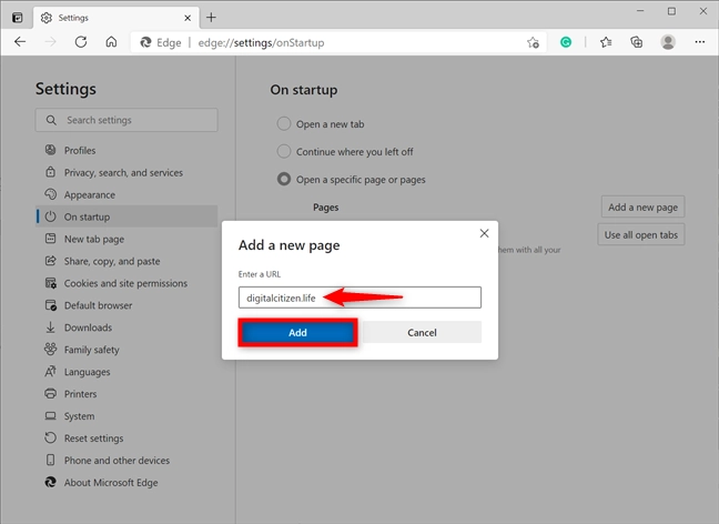 Add a new startup page in Microsoft Edge