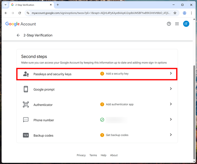 Navigate to Passkeys and security keys