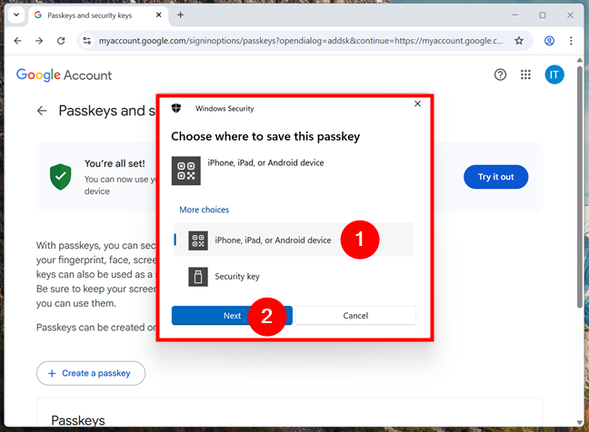 Choose where to save this passkey