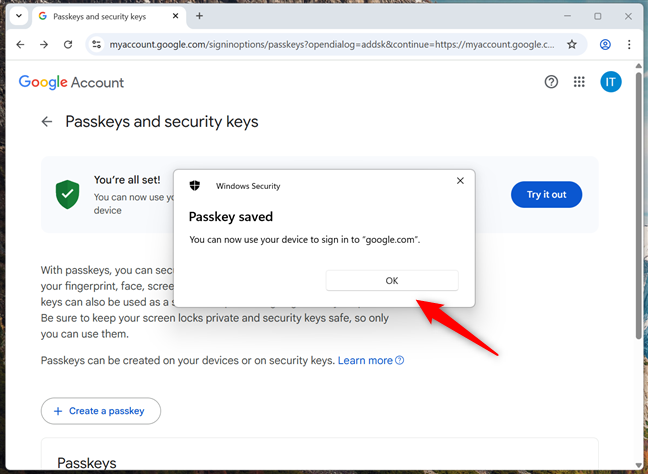 The passkey is saved