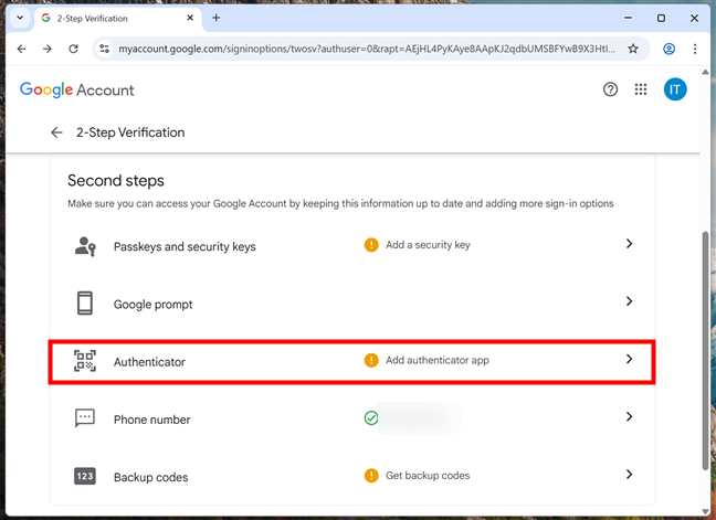 Navigate to Authenticator under Second steps in 2-Step Verification