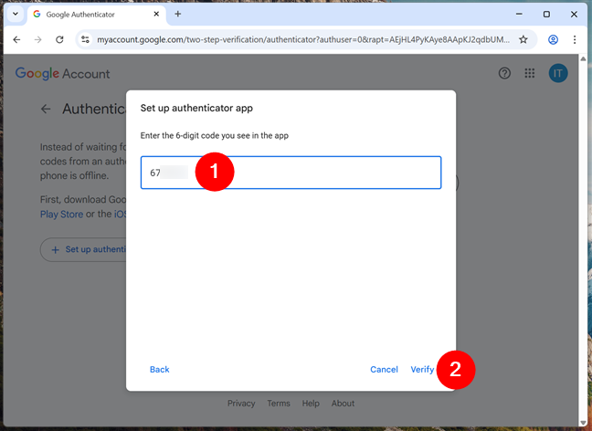 Enter the 6-digit code from the authenticator app and click Verify