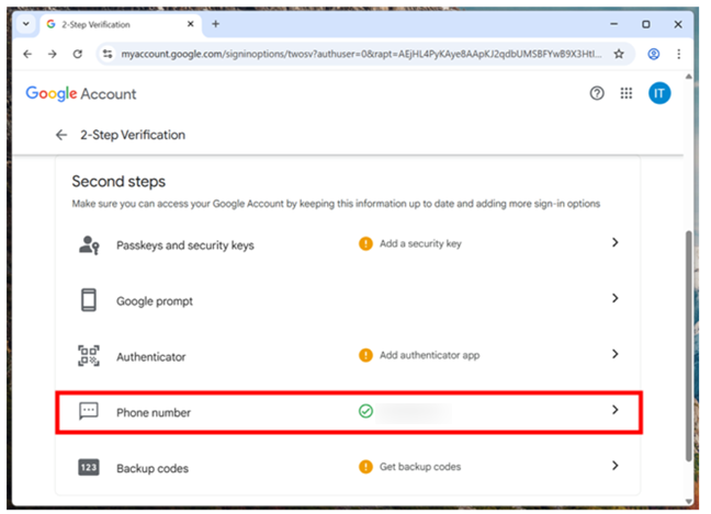 The Phone number option in 2-Step Verification's Second steps