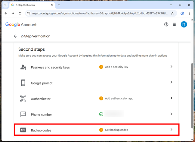 Go to Backup codes under Seconds steps in the 2-Step Verification settings