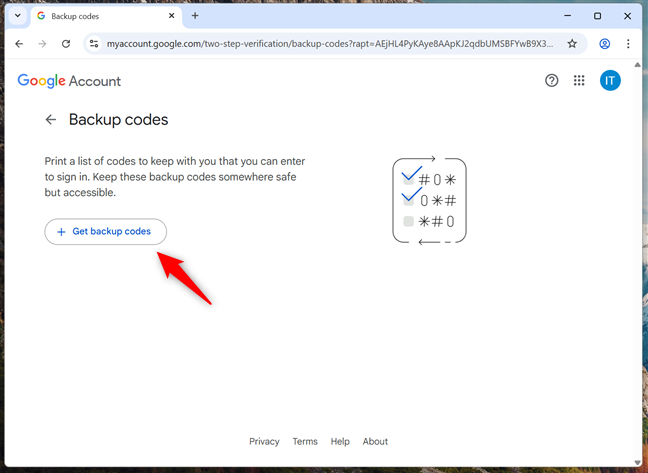 Press Get backup codes