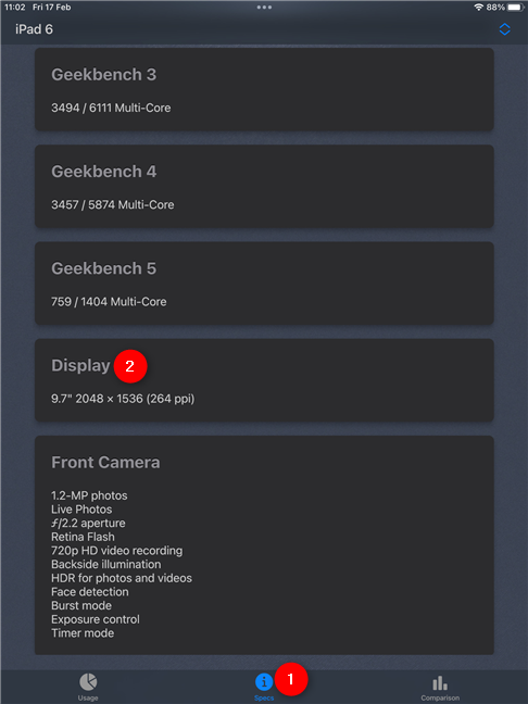 An iPad's screen size, as shown by the ActMonitor app