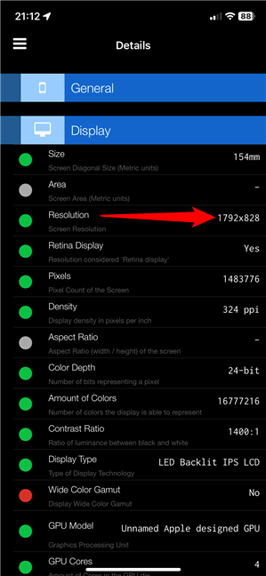 An iPhone's screen resolution shown in Lirum Device Info Lite