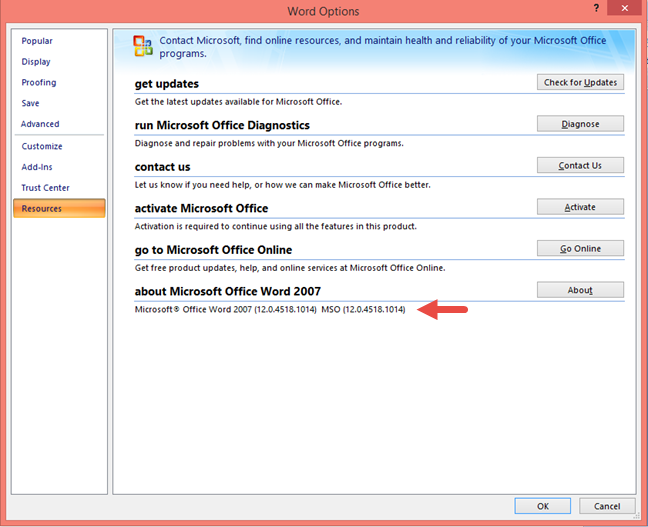 Check the product version in Office 2007
