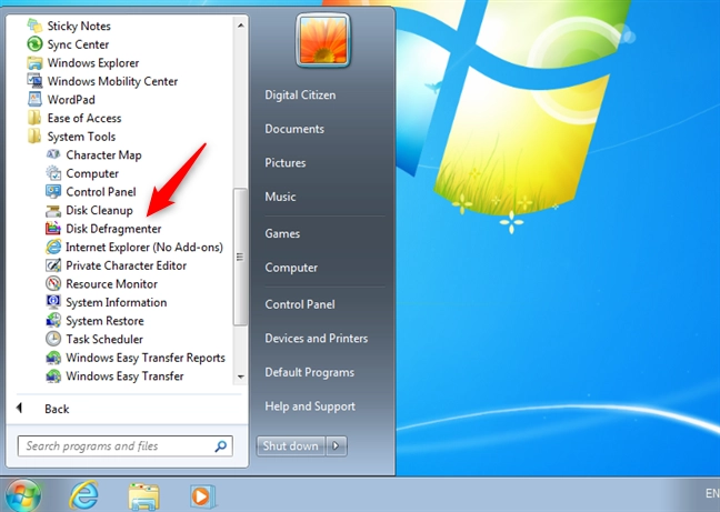 The Disk Defragmenter shortcut in Windows 7