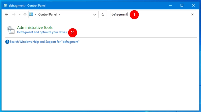 Search for defragment in the Control Panel from Windows 10