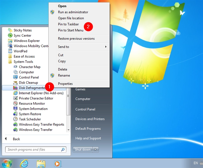 Pin Disk Defragmenter to the Start Menu or the taskbar in Windows 7