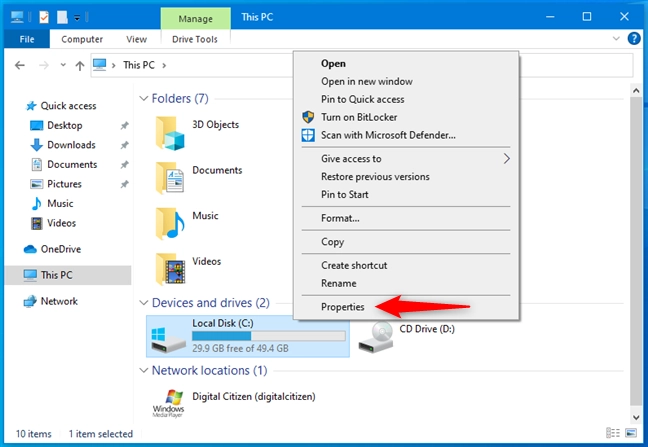 Open the Properties for a drive in Windows