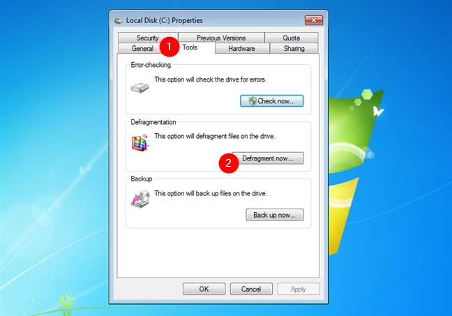 Open Disk Defragmenter in Windows 7 from the properties of a partition