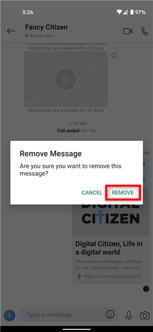 Confirm deleing a message on Android