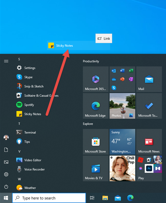 Drag Sticky Notes from the Windows 10 Start Menu to the desktop
