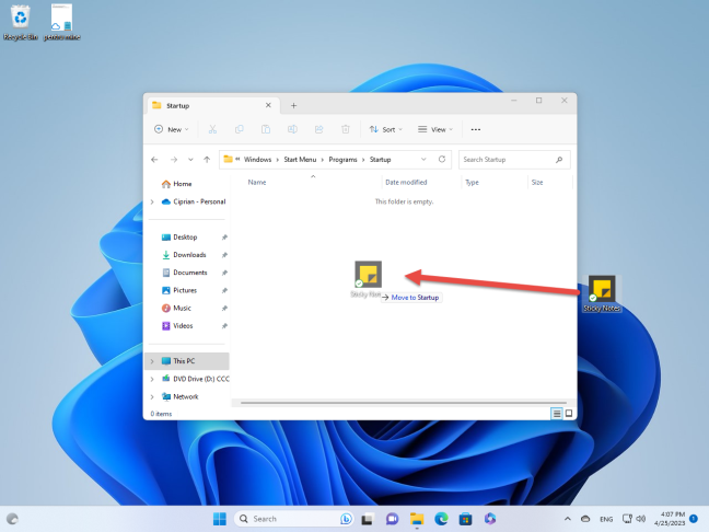 Drag Sticky Notes to the Startup folder in File Explorer