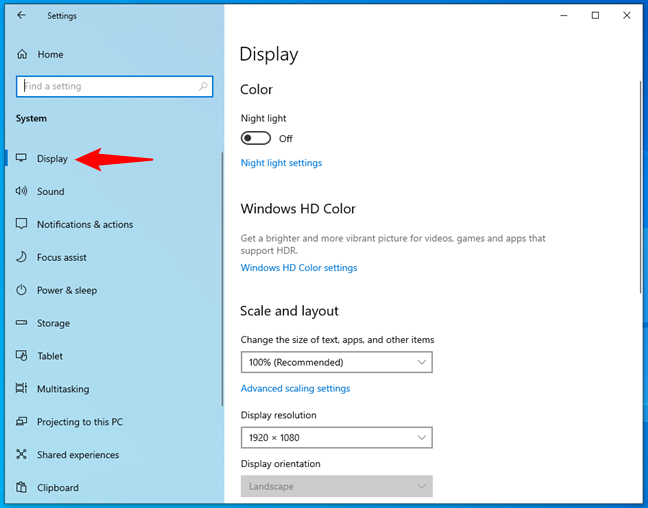 The Display settings in Windows 10