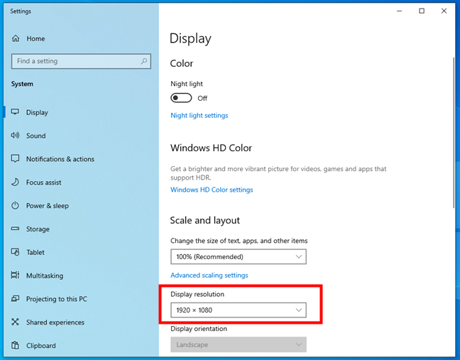 The current Display resolution used by Windows 10