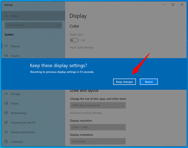 Keep these display settings? prompt in Windows 10