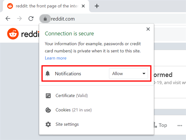 Press the field to change the Chrome notification settings