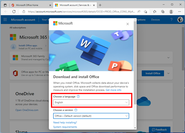 Choose a language for Microsoft Office