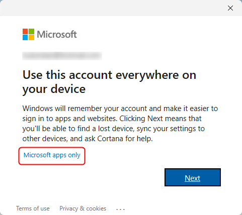 Use your Microsoft account for apps only