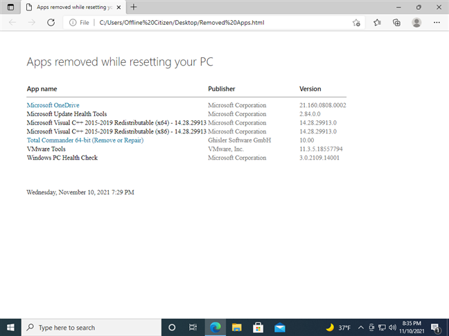 Apps removed while resetting your PC