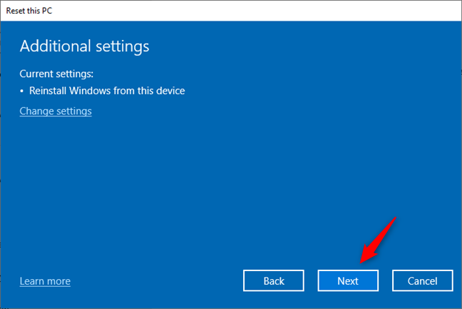 Additional settings for the Windows 10 reset