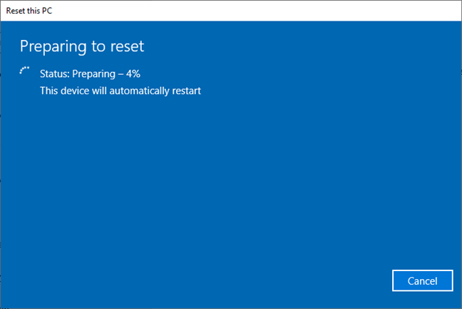 Preparing to reset Windows 10