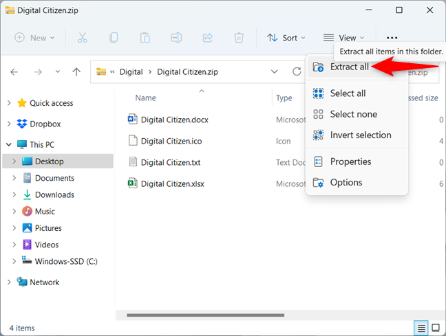 How to unzip files on Windows 11 with the Extract all button