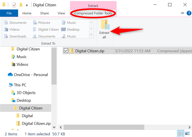 How to unzip files on Windows 10 with the Extract all button
