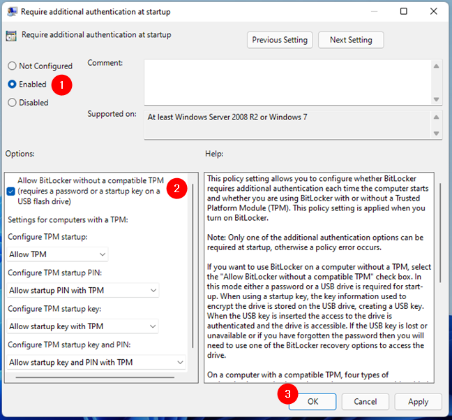 Set Allow BitLocker without a compatible TPM