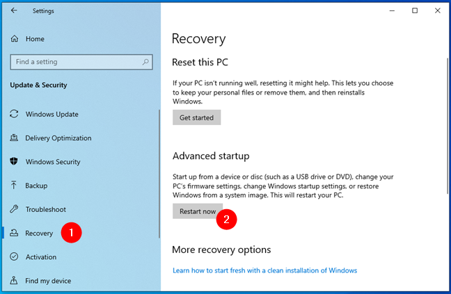 Advanced startup recovery options in Windows 10