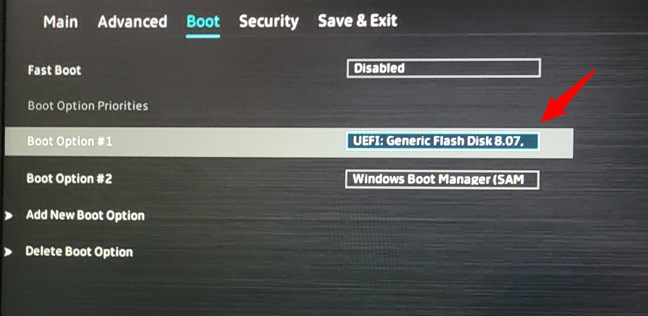Moving the USB flash drive to the top of the boot order list