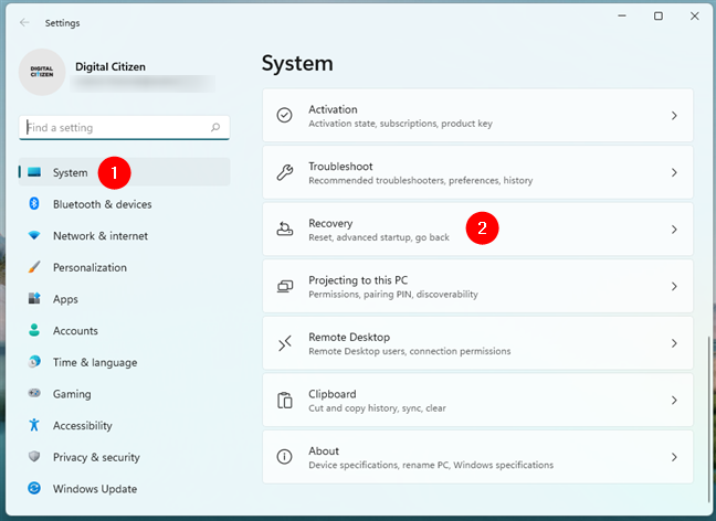 Access the Recovery settings in Windows 11