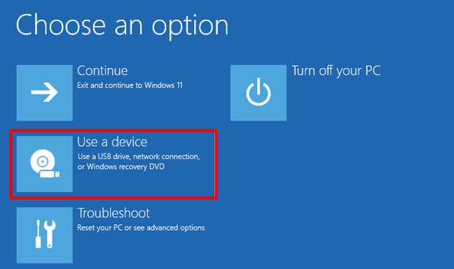 The Use a device option in Windows 11's recovery environment