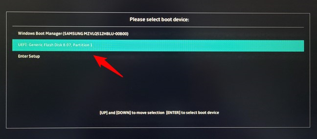 Selecting to boot from a USB flash drive in the Boot Menu