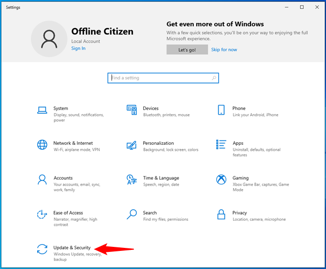 Update & Security settings in Windows 10