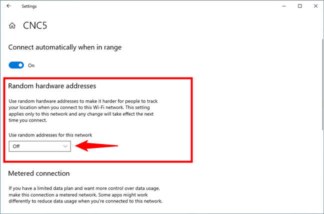 Locate the Random hardware addresses settings