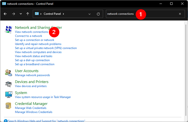 Search and open network connections in Control Panel