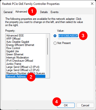 Change the MAC address of a network adapter